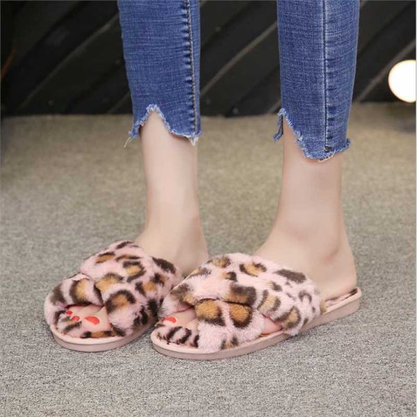 

monerffi women slippers leopard fur slides winter house slippers 2019 fashion warm indoor shoes ladies sliders soft flip flop, Black