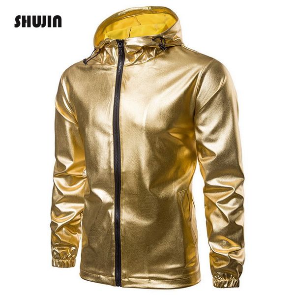 

shujin spring autumn gold silver stamping jackets with zipper men casual hooded coats for male patchwork jaqueta masculina, Black;brown