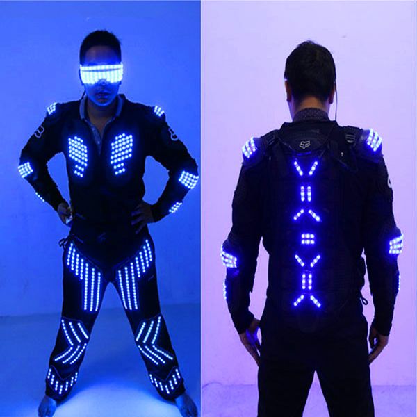 Vestito da uomo robot luminoso a LED RGB Casco da armatura per DJ Indossa display LED colorati che illuminano costumi in crescita Abiti da prestazione Vestiti