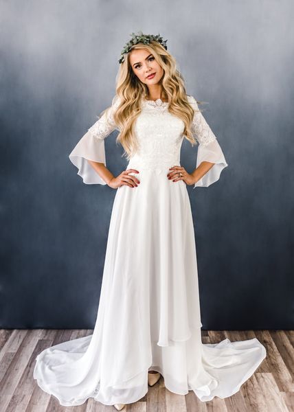 

2019 новый a-line шифон кружева boho скромные свадебные платья с рукавами на шнуровке back country western женщины неформальные скромные сва, White