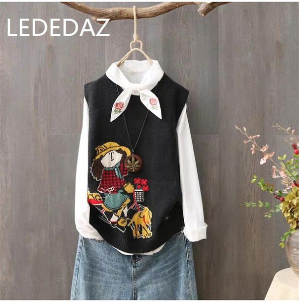 

sweet ladies cartoon biker girl vest embroidered oversized korean sweater vest split hole red black pink yellow beige colors, Black;white
