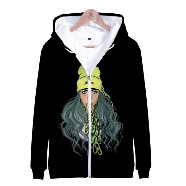 

american singer billie eilish 3d zipper hoodie women's men's 3d zipper hoodie print billie eilish girl fashion xxs-4xl, Black