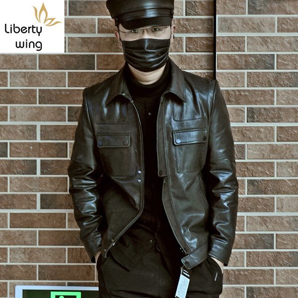 

business genuine leather jacket men brand casual black sheepskin short coats plus size 4xl street pocket biker jackets outwear, Black;brown