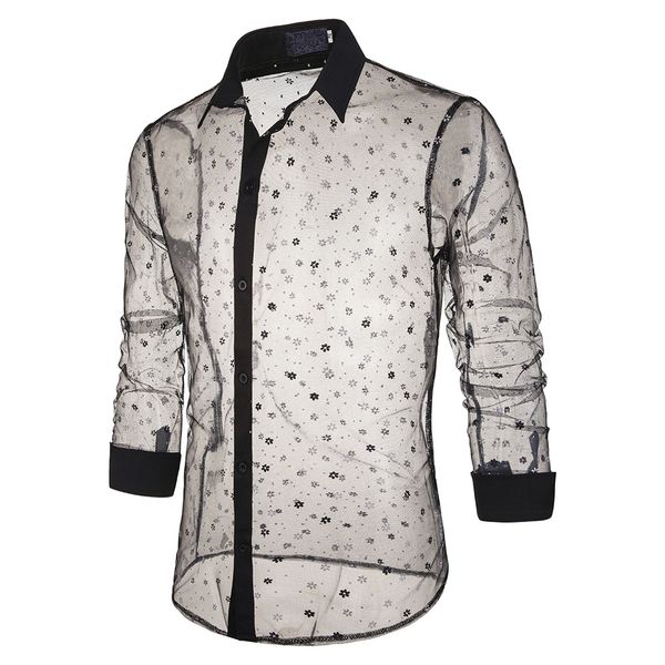 

puimentiua men's autumn shirt stage slim fashion snowflake print lapel shirt casual transparent men's long sleeve 2019, White;black