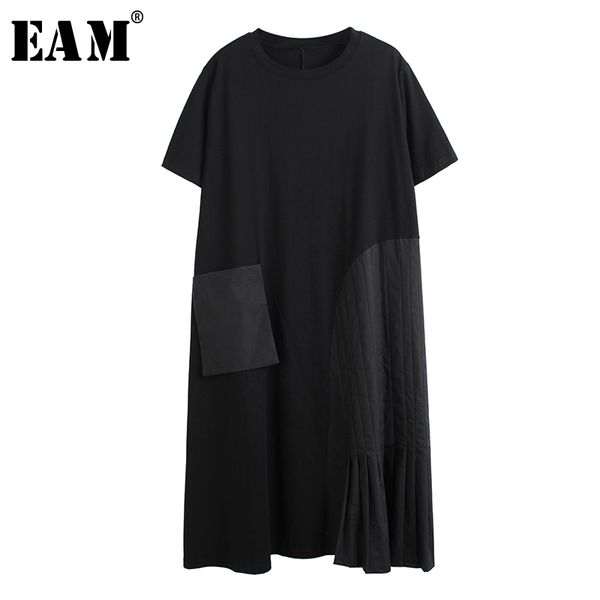 

eam] women black big pocket split big size dress new round neck sleeveless loose fit fashion tide spring summer 2020 1t898, Black;gray