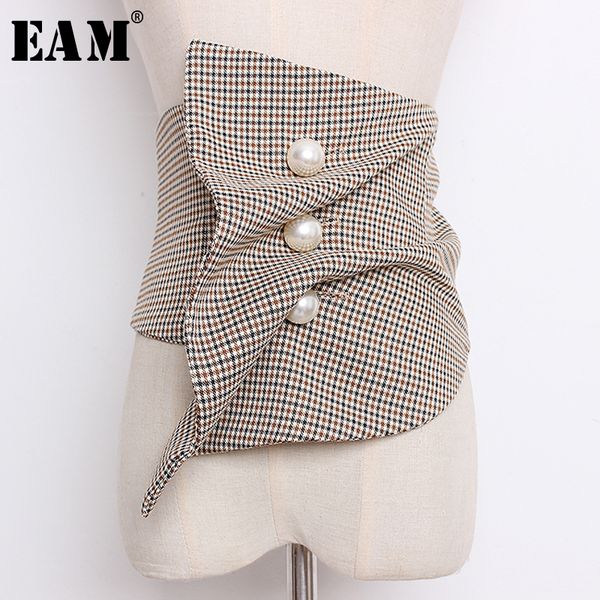 

eam] 2019 new spring summer black irregular plaid printed pearled nailed irregular stitch wide belt women fashion tide jo621, Black;brown