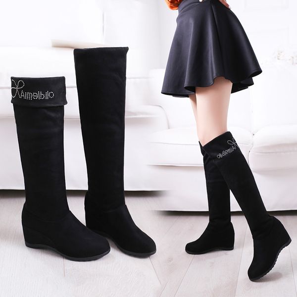 

new wedges women boots increased knee high boots for women crystal snow winter shoes femme round toe botines mujer 2019#e30, Black