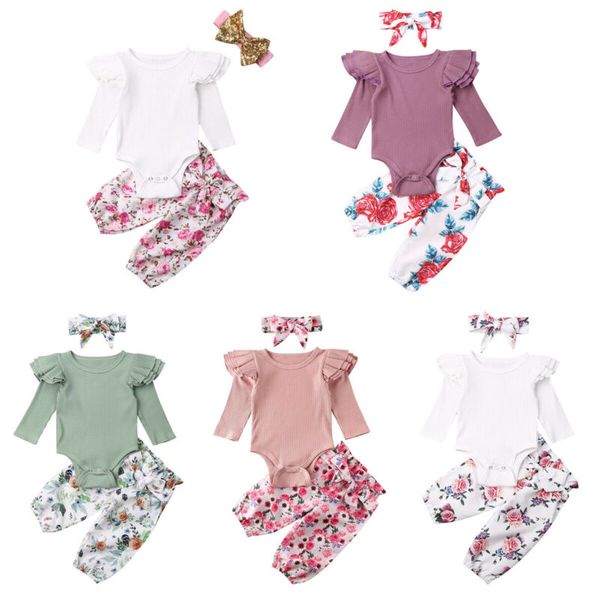 

2020 new cute newborn baby girls ruffles knitted long sleeve rompers floral long pants outfits clothes 3pcs set, White