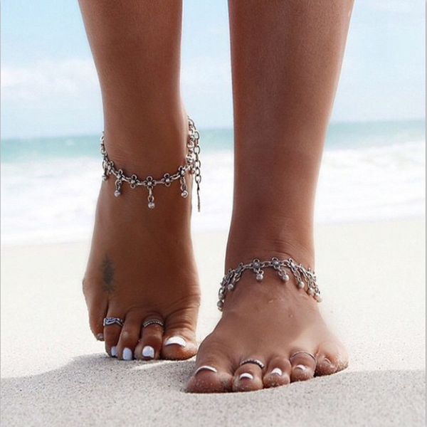 

rscvonm silver color anklets for women vintage bracelet bohemian flower chaine cheville barefoot sandals halhal foot jewelry, Red;blue