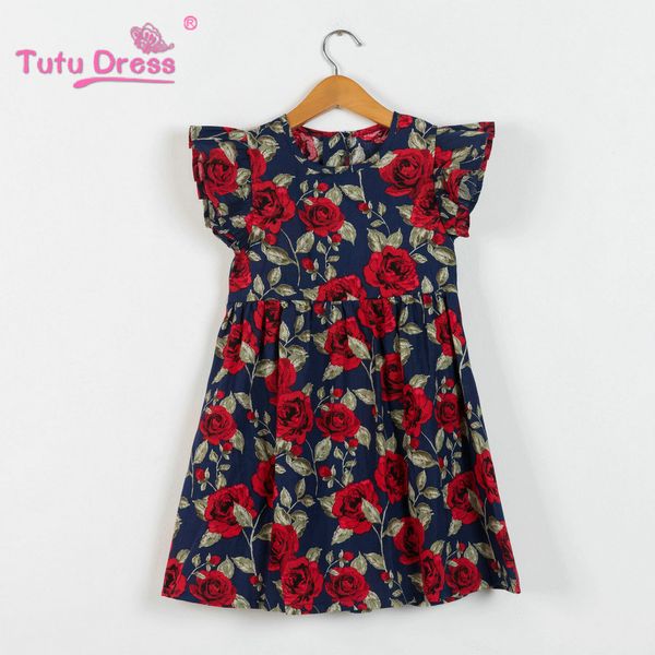 

retail girls dress flying sleeve floral printed cotton princess dress baby girl dresses kids boutique baby girl designer clothes clothing, Red;yellow