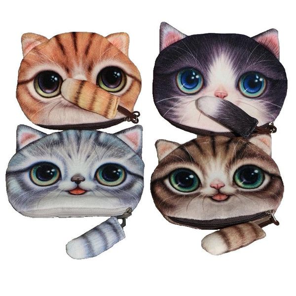 3d tier gesicht reißverschluss fall nette katze geldbörse weibliche plüsch brieftasche bolsas/kind geldbörse make-up buggy headset tasche bolsa feminina geschenk