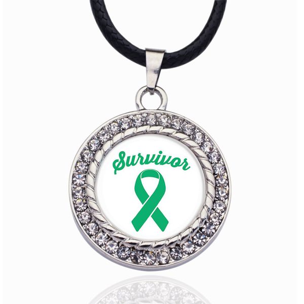

green ribbon survivor circle charm crystal necklace heart pendant crystals from for girls gifts silver color chain kids jewelry, Bronze;silver