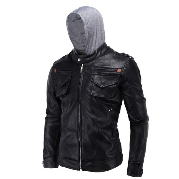 

2019 europe and america elegant men's wear large size carrie leather coat simple locomotive hooded slim fit fashion leather coat, Black