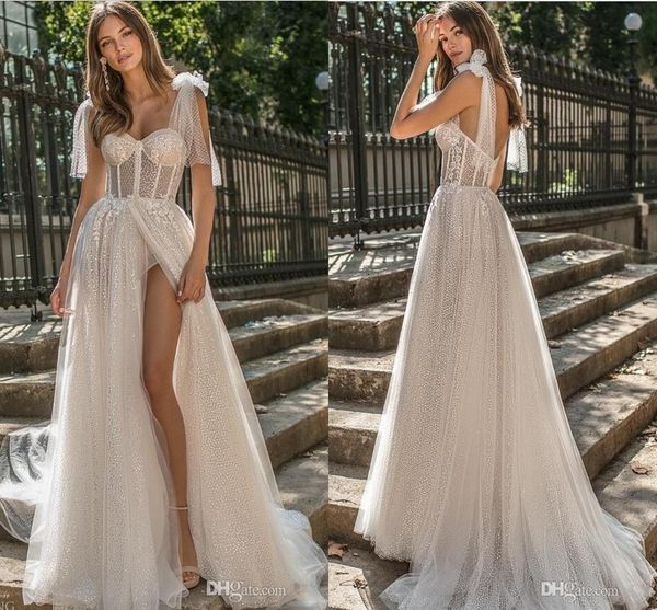 

2019 berta a line beach wedding dresses spaghetti lace glitter side split sweep train boho wedding dress plus size graden bridal gowns, White
