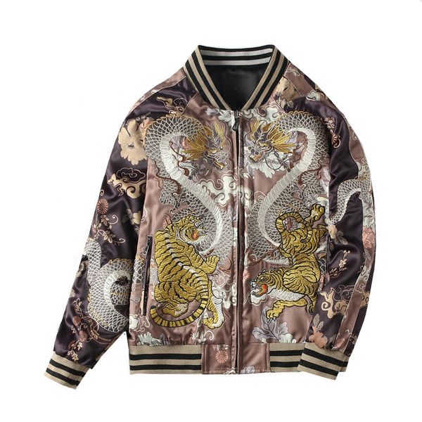 

yokosuka double-sided dragon tiger embroidered baseball coat men and women spring autumn couple bf loose jacket short jackets, Black;brown