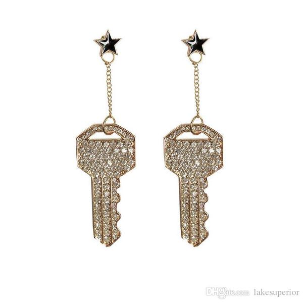 

bling bling rhinestone key stud earring women key long tassel earring fashion jewelry accessories for gift party, Golden;silver