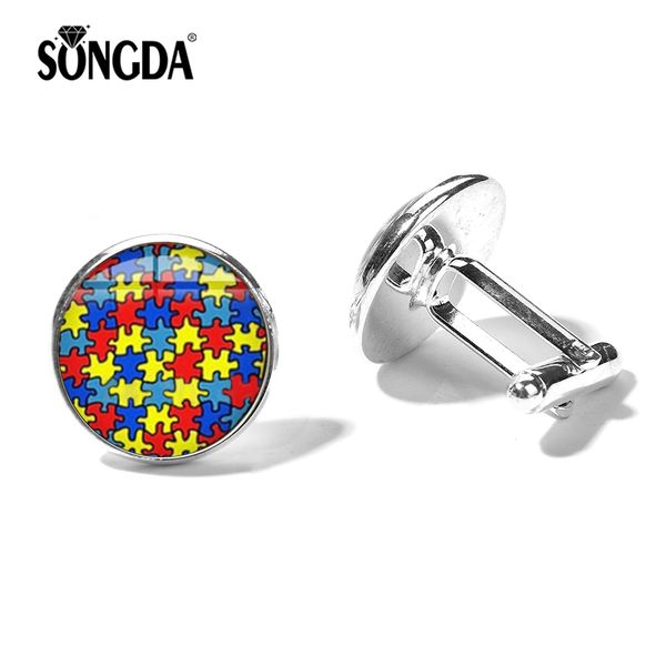 

songda fashion colorful puzzle cufflinks autism awareness jigsaw puzzle pieces color mosaic glass round silver bronze cuff links, Silver;golden