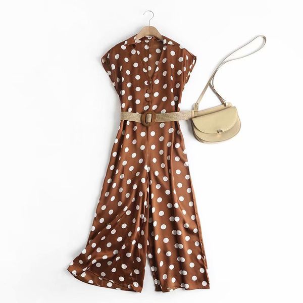 

korean women's one-piece wide-leg pants summer fashion trend casual lapel printed polka dot with belt jumpsuit, Black;white