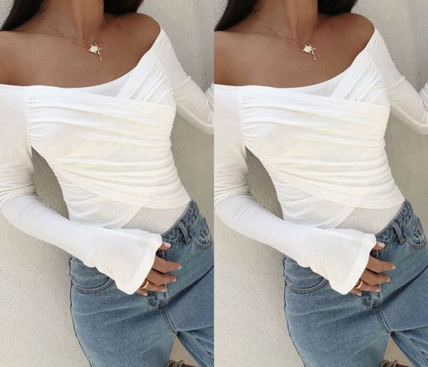 

off shoulder t shirt bandage cross long sleeve fairy lady girl short elastic slash neck spring summer women t-shirt 2xl, White