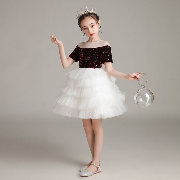 

little girls children elegant sweet layers ball gown princess dress for birthday children host piano pageants ceremony dress, Red;yellow