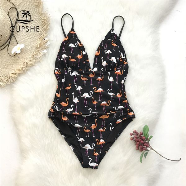 

cupshe black flamingo print plunging one-piece swimsuit women backless beach bathing suits 2020 girl boho swimwear, White;black
