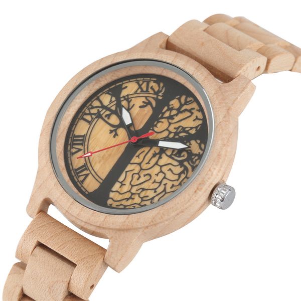 

luxury pure maple wooden lady watch quartz movement life tree display round dial casual female wooden bangle clock gifts 2019, Slivery;brown