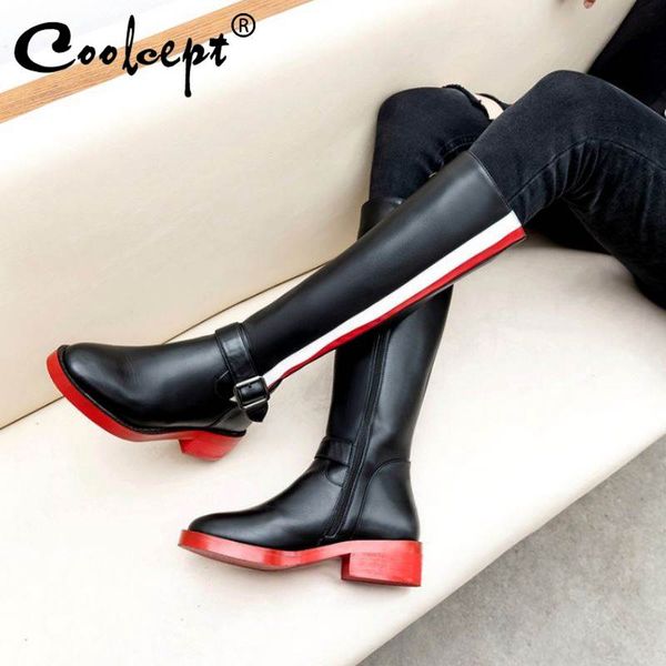 

coolcept women warm knee boots fashion side zipper soft thick fur long boots square heels simple casual footwear size 34-42, Black
