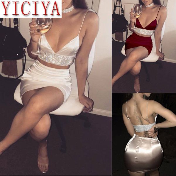 

two piece dress mini summer 2021 women 2 set dresses bodycon skirt outfit dark v neck crop bandage sling evening party, White
