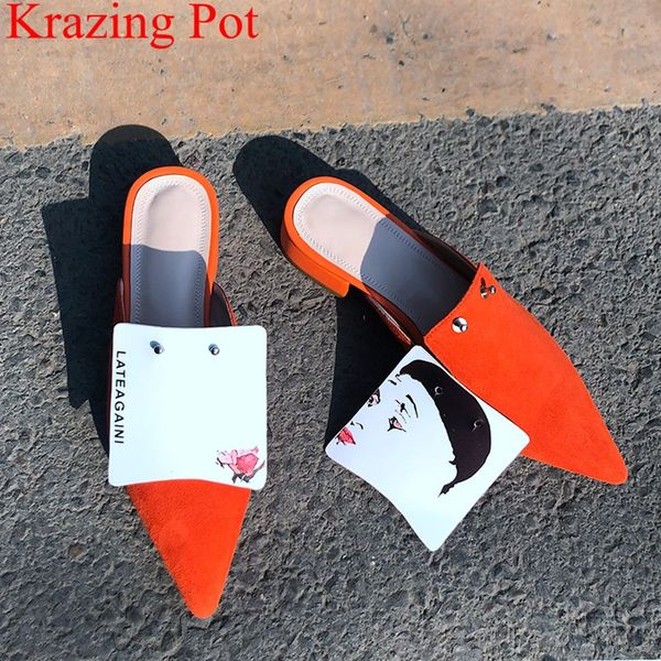 

2019 superstar genuine leather med heels slip on casual mules pointed toe slingback rivet novelty brand party women pumps l15, Black;white