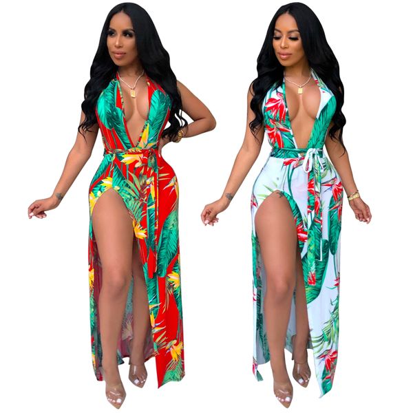 

women summer high split dresses high waist printed backless halter sleeveless fashion long maxi dress femme vestidos, Black;gray