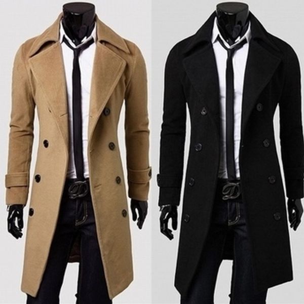 

men's wool & blends man overcoat long fund men double breasted coat lengthened male casual slim collar trench, Black