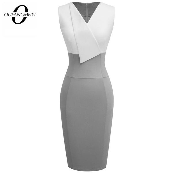 

summer stylish women patchwork v-neck dress elegant casual work office sleeveless sheath slim dress eb529, Black;gray
