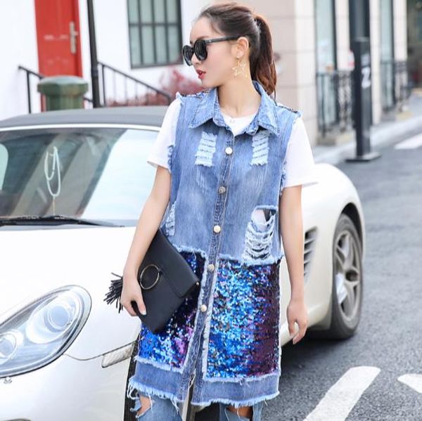 

2019 new autumn summer sequined denim vest women long denim vest hole ripped sleeveless jeans jacket plus size s-3xl rq545, Black;white