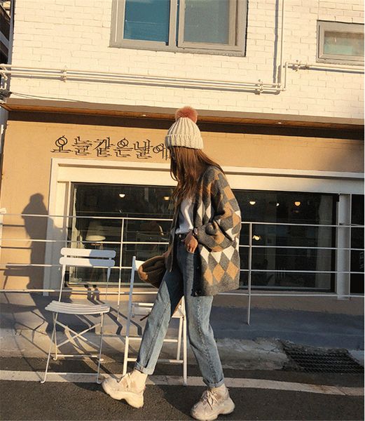 

septhydrogen brand vintage моды для женщин рождество cardigans плед v-образным вырезом повседневная женщины свитера вязаные зимние одежды вы, Black;brown