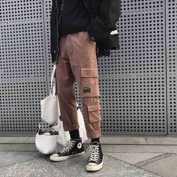 

outdoor 2019 spring autumn cargo hip hop multi pocket overalls cotton students hongkong design young men pants hip hop trousers, Black;green