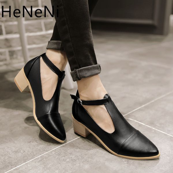 

vintage pu leather women's shoe rome style splice pointed toe buckle t-strap ladies high pumps plus size 32-43, Black