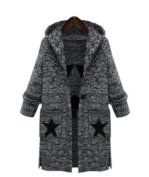 

foreign trade autumn and winter new fashion women's long-sleeved hooded long knit cardigan jacquard sweater coat, White;black