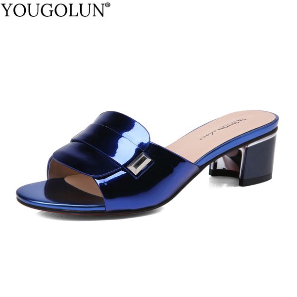 

outdoor slippers women spring genuine cow leather fashion new arrived ladies mid heels c308 casual woman blue gun color slides, Black