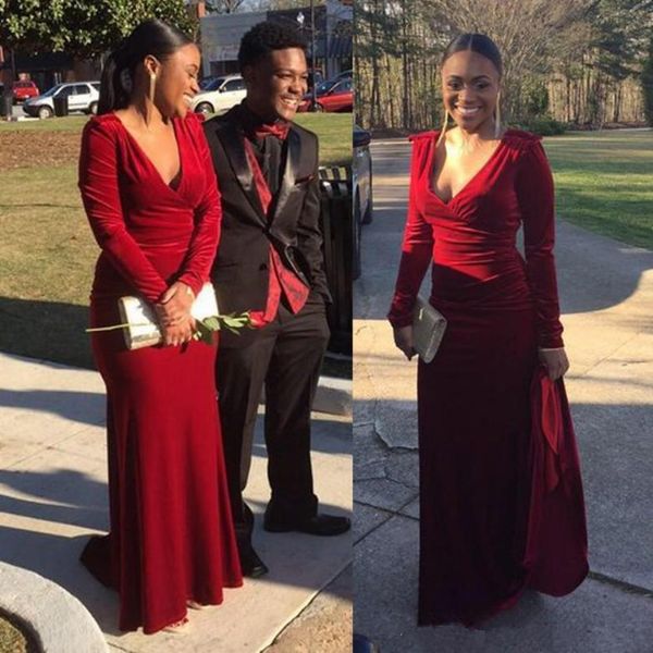 

2020 burgunday prom dresses a line v neck long sleeve evening party gowns, Black;red