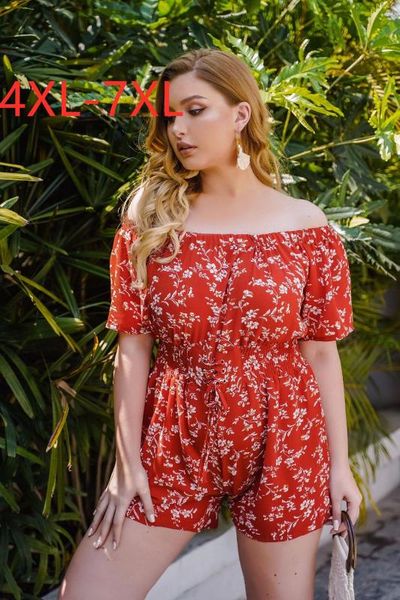 

new 2020 summer plus size jumpsuit for women short sleeve loose strapless red floral print short jumpsuits belt 4xl 5xl 6xl 7xl, Black;white