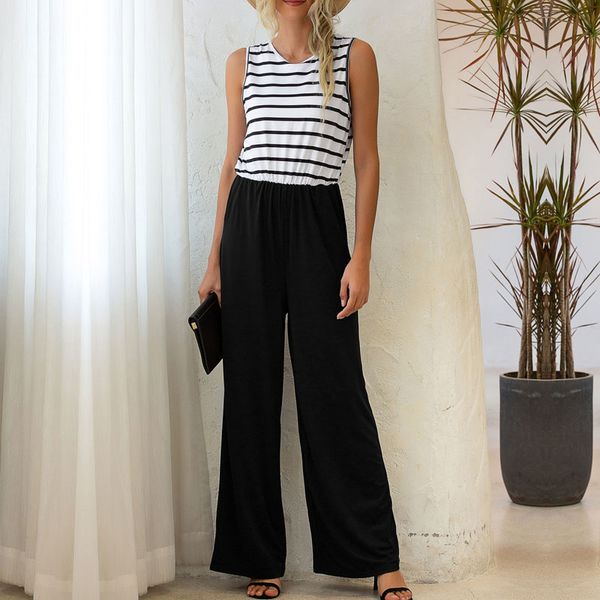 

женщины romper комбинезон 2020 летний новый o-образным вырезом без рукавов танк длинные брюки one piece комбинезоны повседневная одежда модн, Black;white