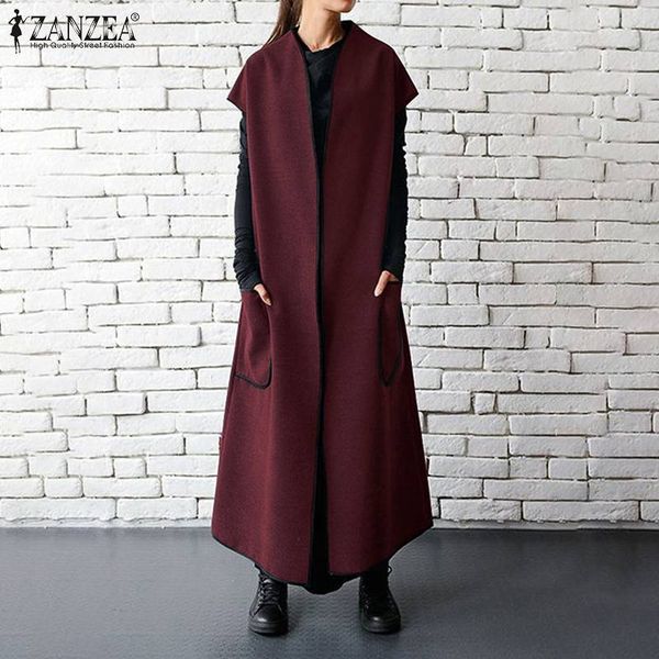 

2019 zanzea autumn winter women vests jackets sleeveless belt thin coat overcoat pockets full length long maxi jackets plus size, Black;white