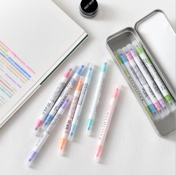 

12 colors double headed marking highlighters office school sign drawing stationery cute round oblique point pens, Black;red