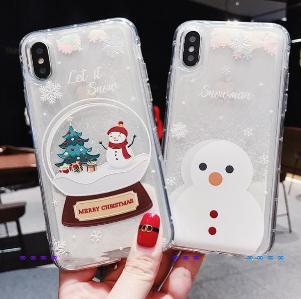 

christmas quicksand cartoon snowman cell phone case for iphone 11 pro x xs max christmas transparent all gliter flowing mobile phone cover