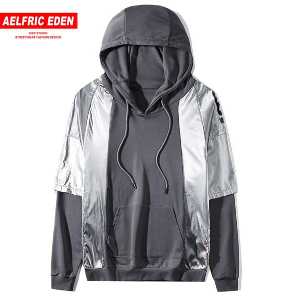 

aelfric eden fake two pieces men hoodies harajuku casual cotton hooded sweatshirts hip hop fashion male pullover streetwear, Black
