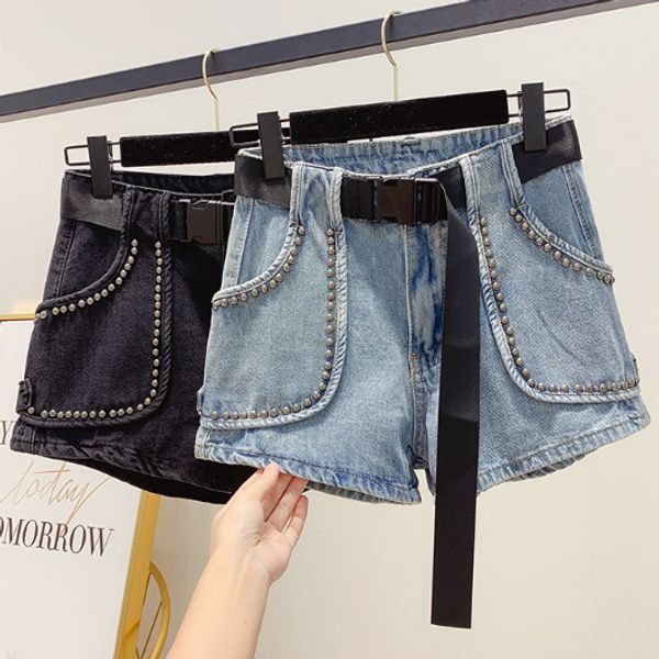 

fashionable overalls women's high waisted skinny ins jeans pants black belt stud rivets design shorts outside wear denim, Blue