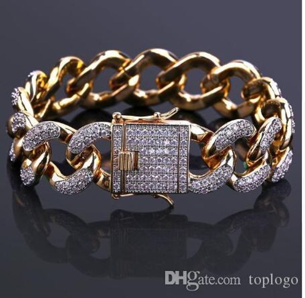 

pure golden electroplated zircon buckle miami cuban link chain 18mm men personalized hand iced out bracelet curb, Black