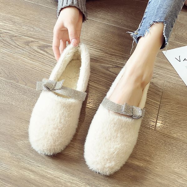 

korean shoes women bow-knot female footwear crystal casual sneaker loafers fur round toe 2019 winter butterfly dress rhinestone, Black