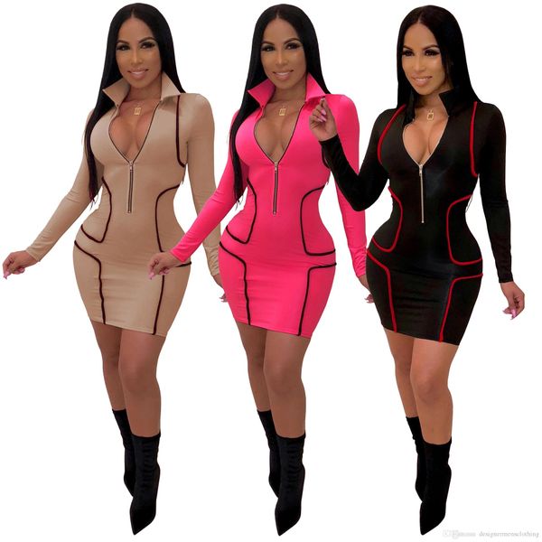 

женщины глубокий v bodycon платья передняя молния конструктора pencil платье slim fit тощий платье, Black;gray