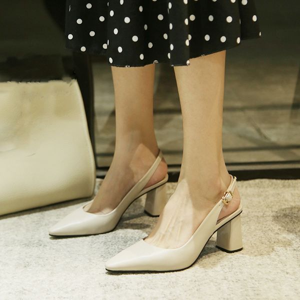 

2020 high heels women shoes pumps buckle slingback pointed toe ankle strap designer thick heel sling back dress pumps, Black